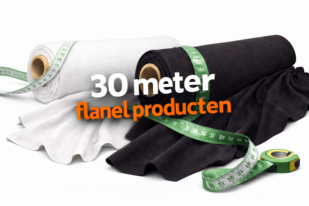 Deco molton flanel 30m – zwart en wit flanel met meetlint, tekst 30 meter flanel producten