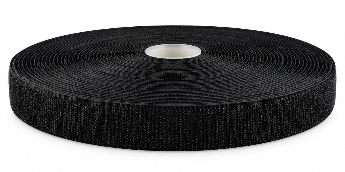 Klittenband · haakband zwart · zelfklevend K64 · PA/PES · 25 mm · rol 25m