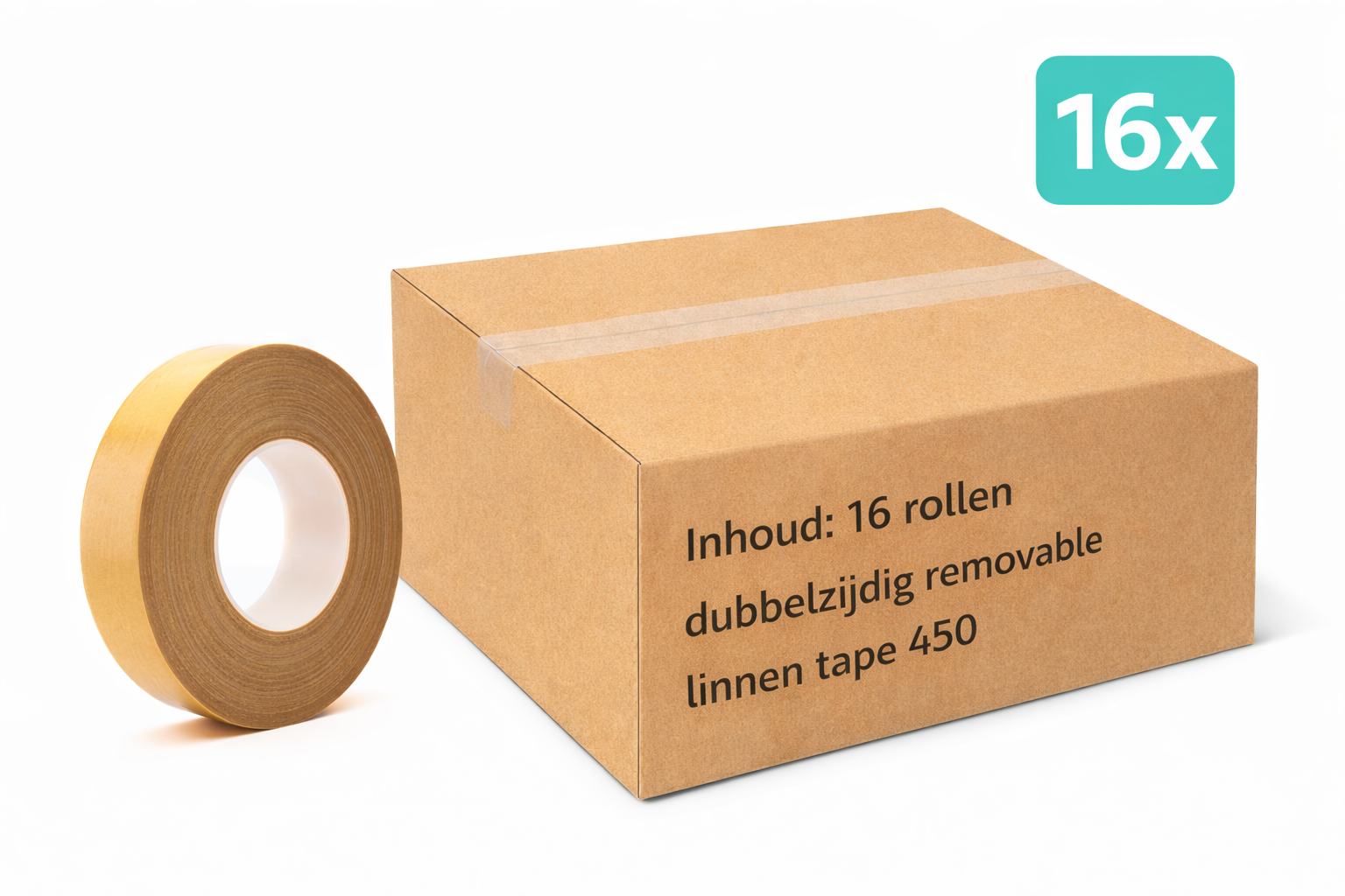 16x MegaTape 450 · dubbelzijdige verwijderbare linnentape · 50m op rol · 38 mm
