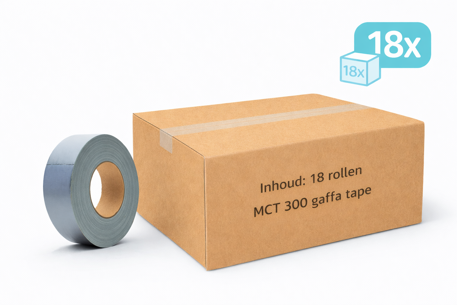 doos met 18x MegaTape MCT 300 Gaffa tape 50 mm grijs rol 50m voor events, theater en beurzen