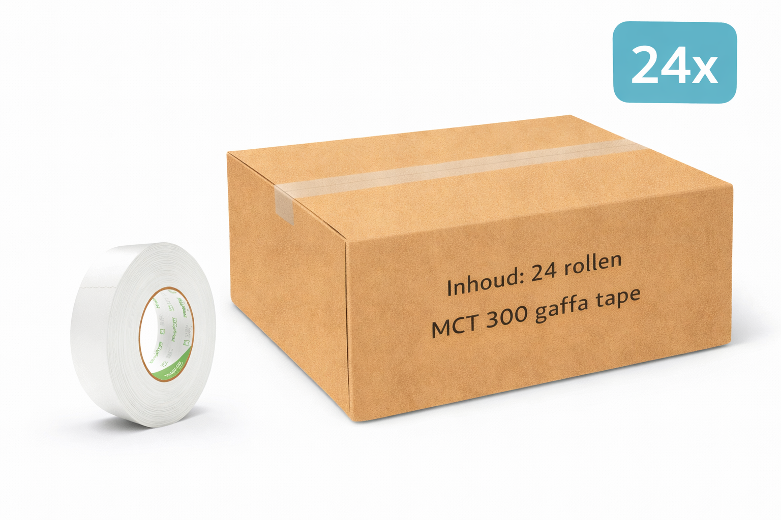 doos met 24x MegaTape MCT 300 Gaffa tape 38 mm wit rol 50m voor events, theater en beurzen