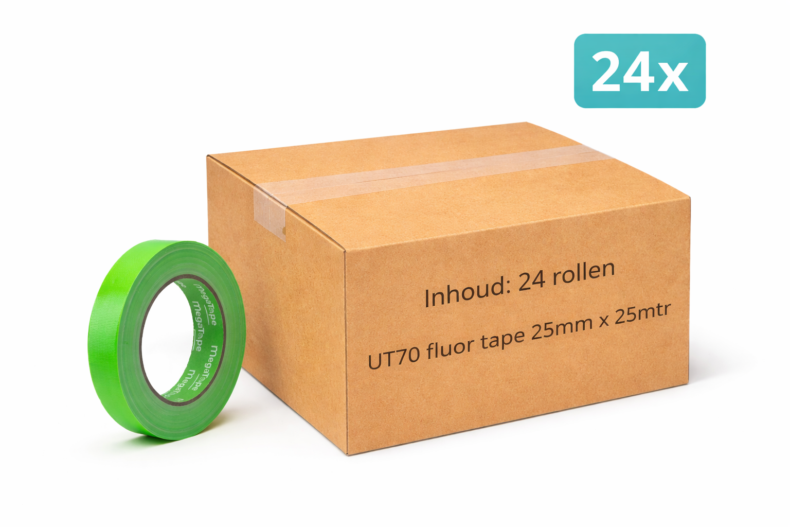 doos met 24x MegaTape UT70 fluor gaffa tape 25 m op rol 25 mm groen voor events, theater en beurzen